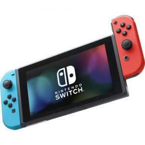 Nintendo Switch with Neon Blue and Red Controllers